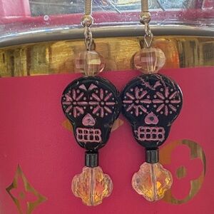 Hand Crafted Pink and AB Crystal Skull Earrings